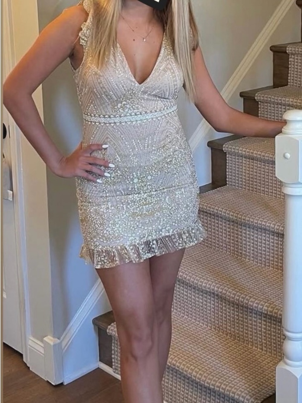 Hello Molly Match Me Dress Champagne Beaded Open Back Mini XS